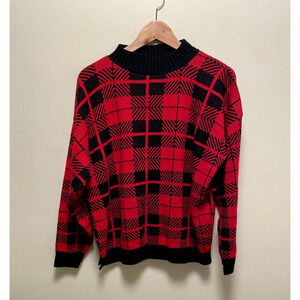 Vintage Womens Sweater Size XL Red Black Plaid Mock Grunge Academia 90s FLAW